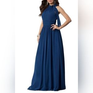 Formal Chiffon Halter Dress- Navy Blue Large